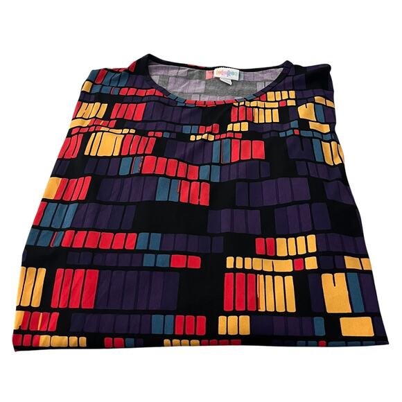 LULAROE SHORT SLV HI-LOW PULL-OVER RND NECK BLOUSE, WOMENS, M-YELL BLUE ORG PURP - Picture 6 of 11